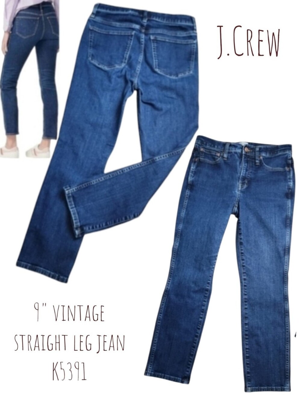 J. Crew Women's 9" vintage straight leg jeans K5391 dark Blue wash stretch 28